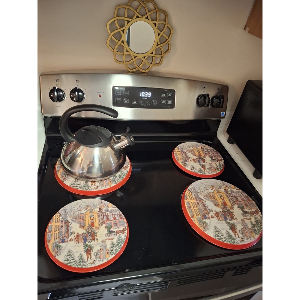 Vintage Christmas Winter Village Scene Stove Burner Covers Set Of 4